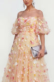 Vestido floral midi Champán Champán A Línea 3D Flores con Aplique
