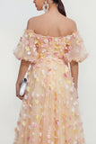 Vestido floral midi Champán Champán A Línea 3D Flores con Aplique