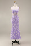 Corsé transparente lila con escote cuadrado y vestido midi floral con encaje en la espalda