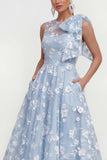 Vestido midi rosa floral con arco y cuello redondo, bolsillos