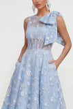 Vestido midi rosa floral con arco y cuello redondo, bolsillos