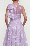 Vestido midi rosa floral con arco y cuello redondo, bolsillos