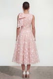Vestido midi rosa floral con arco y cuello redondo, bolsillos