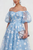 Vestido midi floral rosa A-line de hombros descubiertos con encaje en la espalda