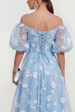 Vestido midi floral rosa A-line de hombros descubiertos con encaje en la espalda