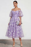 Vestido midi floral rosa A-line de hombros descubiertos con encaje en la espalda