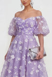 Vestido midi floral rosa A-line de hombros descubiertos con encaje en la espalda