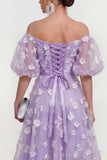 Vestido midi floral rosa A-line de hombros descubiertos con encaje en la espalda