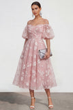 Vestido midi floral rosa A-line de hombros descubiertos con encaje en la espalda