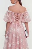 Vestido midi floral rosa A-line de hombros descubiertos con encaje en la espalda