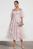 Vestido midi floral rosa A-line de hombros descubiertos con encaje en la espalda