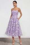 Vestido floral lila midi A-Line sin tirantes con bolsillos