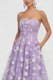 Vestido floral lila midi A-Line sin tirantes con bolsillos