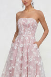 Vestido floral lila midi A-Line sin tirantes con bolsillos
