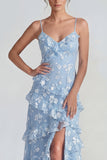 Vestido largo floral lila Shearh con tirantes finos y volantes