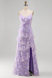 Vestido largo floral lila Shearh con tirantes finos y volantes
