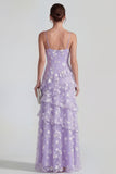 Vestido largo floral lila Shearh con tirantes finos y volantes