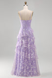 Vestido largo floral lila Shearh con tirantes finos y volantes