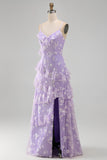 Vestido largo floral lila Shearh con tirantes finos y volantes