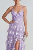 Vestido largo floral lila Shearh con tirantes finos y volantes