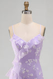 Vestido largo floral lila Shearh con tirantes finos y volantes