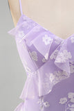 Vestido largo floral lila Shearh con tirantes finos y volantes