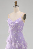 Vestido largo floral lila Shearh con tirantes finos y volantes