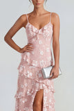 Vestido largo floral lila Shearh con tirantes finos y volantes