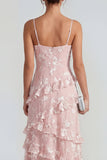 Vestido largo floral lila Shearh con tirantes finos y volantes