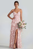 Vestido largo floral lila Shearh con tirantes finos y volantes