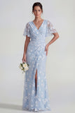 Vestido largo floral de manga corta funda azul con abertura