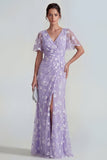 Vestido largo floral de manga corta funda azul con abertura