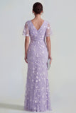 Vestido largo floral de manga corta funda azul con abertura