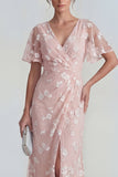 Vestido largo floral de manga corta funda azul con abertura