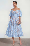 Vestido midi rosa floral A-Line A-Shoulder con mangas abullonadas