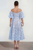 Vestido midi rosa floral A-Line A-Shoulder con mangas abullonadas