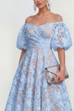 Vestido midi rosa floral A-Line A-Shoulder con mangas abullonadas