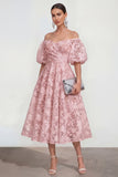 Vestido midi rosa floral A-Line A-Shoulder con mangas abullonadas