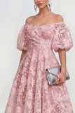 Vestido midi rosa floral A-Line A-Shoulder con mangas abullonadas