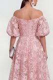 Vestido midi rosa floral A-Line A-Shoulder con mangas abullonadas