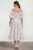 Vestido midi rosa floral A-Line A-Shoulder con mangas abullonadas