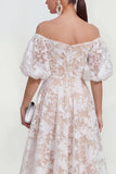 Vestido midi rosa floral A-Line A-Shoulder con mangas abullonadas