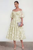 Vestido midi rosa floral A-Line A-Shoulder con mangas abullonadas