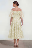 Vestido midi rosa floral A-Line A-Shoulder con mangas abullonadas