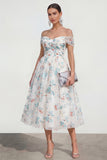 Vestido midi multifloral blanco A Line, de hombros
