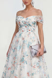 Vestido midi multifloral blanco A Line, de hombros