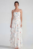 Vestido Maxi multifloral de tirantes finos blancos con volantes