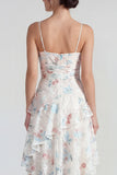 Vestido Maxi multifloral de tirantes finos blancos con volantes
