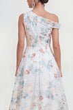 Vestido midi multifloral blanco de un solo hombro