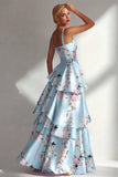 Vestido largo largo de satén estampado con volantes azul A Line